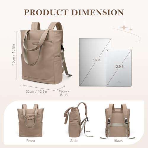 Convertible Laptop Backpack for Women Men Carry on Tote Backpack Teacher Bookbag for College Work Nurse Travel Leisure,16 Inch,Champagne Brown - color: Champagne Brown