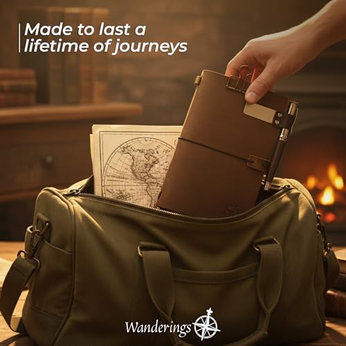 WANDERINGS A5 Travelers Notebook Bundle – 6" x 8.5" (15 x 22cm) – Genuine Leather Journal with Pen Holder, Pen, 2 Ink Refills, PVC Folder & Binder Clip - size: A5