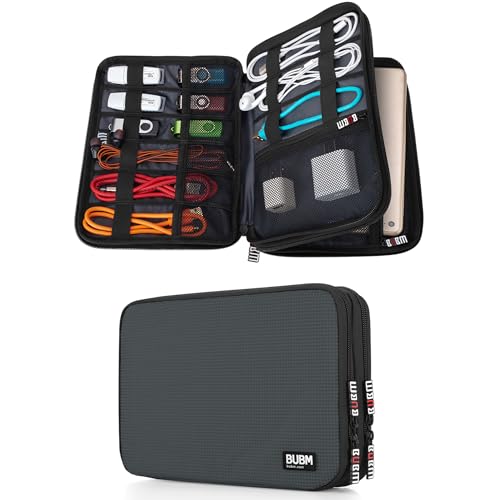 BUBM Double Layer Electronic Accessories Organizer, Travel Gear Bag for Cables, USB Flash Drive, Plug and More, Perfect Size Fits for iPad mini (Medium, Gray) - color: Gray, size: Medium,2-layer