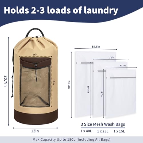 150L Laundry Bag Backpack with 3 Sizes Mesh Wash Bags and Shoulder Straps Foldable Clothes Hamper Bag with Drawstring Closure for College, Apartment, Laundromat(Khaki) - color: Khaki