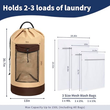 150L Laundry Bag Backpack with 3 Sizes Mesh Wash Bags and Shoulder Straps Foldable Clothes Hamper Bag with Drawstring Closure for College, Apartment, Laundromat(Khaki) - color: Khaki