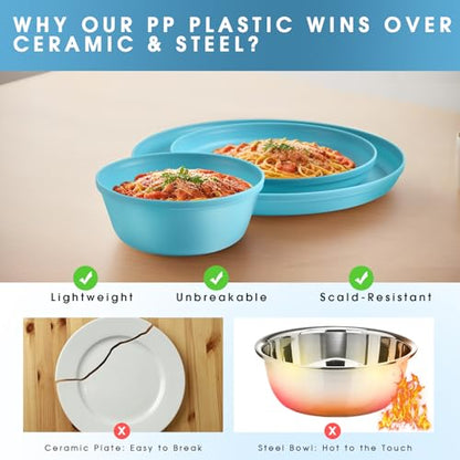 40 Piece Plastic Dinnerware Set for 8 with Cutlery, Unbreakable Plates and Bowls Set, Dishwasher & Microwave Safe Reusable Dish Set for Camping, RV, Outdoor Kitchen, Apartment Dining, Teal - color: Blue