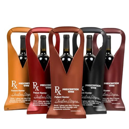 Prescription Wine Funny Drink 1 Glass Per Day - For Him, Her - Personalized Leather Wine Bag, Custom PU Leather Wine Bottle Carrier Gift for Him Her, Funny Wine Gift Idea for Parties Travel