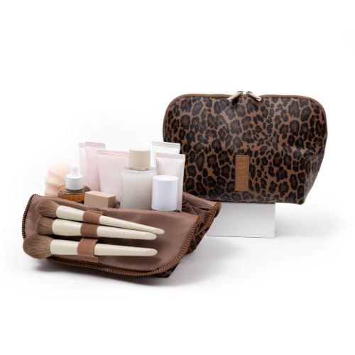 THE VERTI-Vertical Waterproof Makeup & Toiletry Bag | 23-Pocket Organizer with Upright, Fold-Down Design for Skincare, Toiletries & Essentials (Leopard, Medium) - color: Leopard, size: Medium