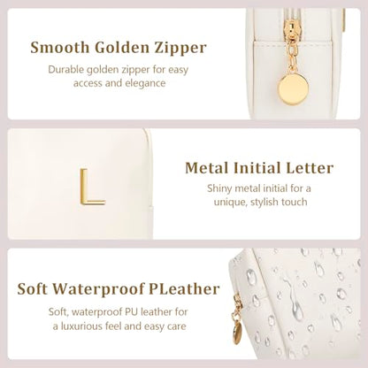 Personalized Birthday Gifts for Women - Initial Makeup Bag Set Travel Toiletry Bag Cosmetic Bags Soft Waterproof PU Leather Makeup Pouch Travel Essentials (L, 1pc Beige) - size: 1pc Beige, style: L