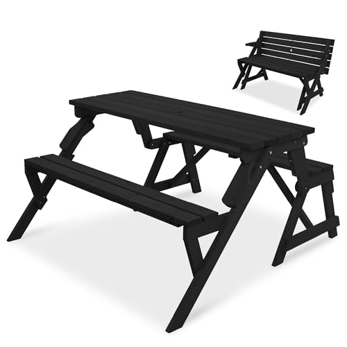 Best Choice Products 2-in-1 Transforming Interchangeable Outdoor Wooden Picnic Table Garden Bench for Backyard, Porch, Patio, Deck w/Umbrella Hole - Black - color: Black