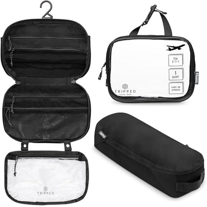 Toiletry Bag Kit 3 Piece Set: Hanging Travel Toiletry Bag + 311 TSA Cosmetic Liquid Bag + Accessory Organizer Pouch - color: Black Ripstop