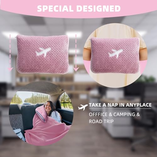 3 in 1 Travel Blanket Pillow Set - 350 GSM Thick Travel Blanket Airplane Compact with Bag, Soft Bag with a Pocket, Inflatable Travel Pillow for Camping & Car Trip (Blush Pink) - color: Blush Pink