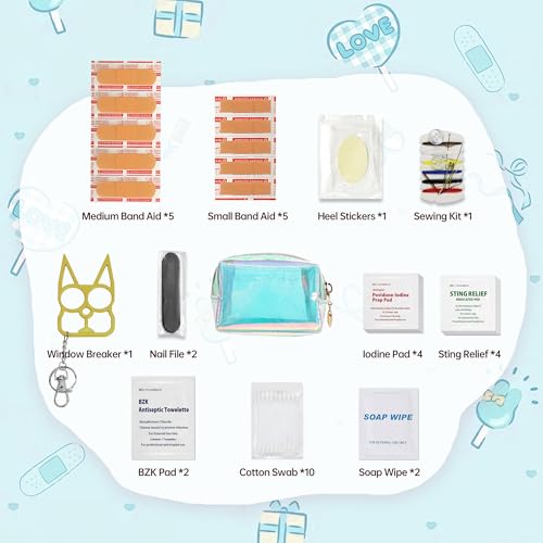 Kitgo Mini First Aid Emergency Clutch Kit -Mother Day Gift Compact Safety Pouch Party Bag with 27 Essential Items for Girl Lady Mother Wife Nurse for Girl Lady Mother Wife Nurse - color: Transparent