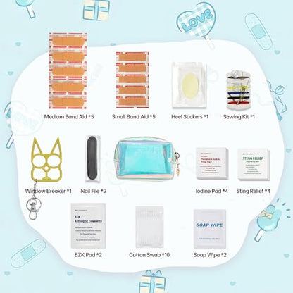 Kitgo Mini First Aid Emergency Clutch Kit -Mother Day Gift Compact Safety Pouch Party Bag with 27 Essential Items for Girl Lady Mother Wife Nurse for Girl Lady Mother Wife Nurse - color: Transparent