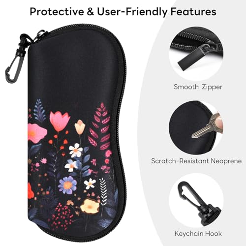 Sunglasses Case with Belt Clip, Ultra Light Neoprene Zipper Soft Padded Glasses Case for Women Men - color: Night Flower
