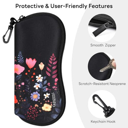 Sunglasses Case with Belt Clip, Ultra Light Neoprene Zipper Soft Padded Glasses Case for Women Men - color: Night Flower