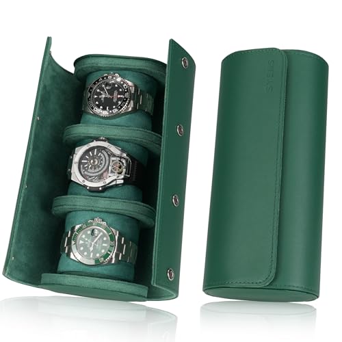 Leather Watch Roll Travel Case 3 Watches Box, Suitable for all Watches and Smartwatches under 55mm Storage Organizer for Man and Women (3W-GRL) - color: 3W-GRL