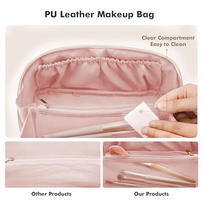 Prite Makeup Bag for Women Travel Waterproof Vegan Leather Cosmetic Bag Open Flat Toiletry Bag With Clear Divider and Handle (Plaid Pink, Medium) - color: Plaid Pink, size: Medium