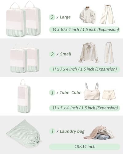 Narwey 6 Set Compression Packing Cubes for Travel Women Men, Travel Cubes for Carry On Suitcase, Durable Compression Luggage Organizer Bags - color: ZY-Mint Green Stripe