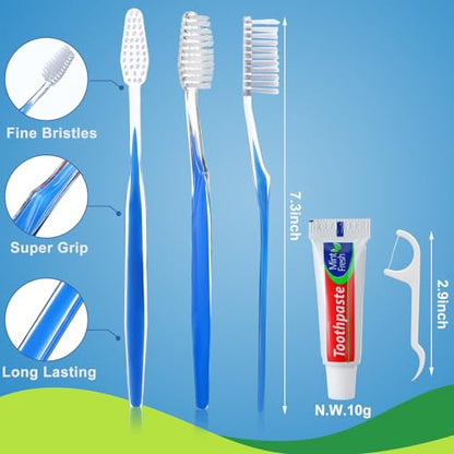 FoldTier 200 Sets Disposable Toothbrushes with Toothpaste and Floss Bulk Individually Wrapped 10g Toothpaste Homeless Hygiene Kit Bulk Homeless Care Package Supply for Travel Shelter (Light Blue Pink) - size: 3 Count (Pack of 200)