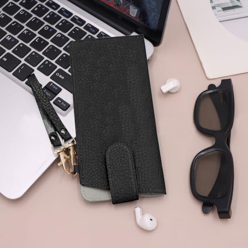 CHANGAR Portable Glasses Case Soft Leather Sunglasses Case with Wrist Strap Travel Sunglass Organizer Pouch with Hanging Hook - color: Black