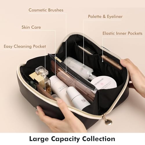 Prite Makeup Bag for Women Travel Waterproof Vegan Leather Cosmetic Bag Open Flat Toiletry Bag With Clear Divider and Handle (Black, Medium) - color: Black, size: Medium
