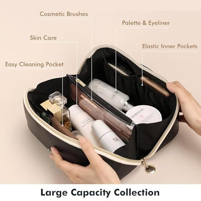 Prite Makeup Bag for Women Travel Waterproof Vegan Leather Cosmetic Bag Open Flat Toiletry Bag With Clear Divider and Handle (Black, Medium) - color: Black, size: Medium