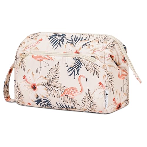 Narwey Women Makeup Bag Wide-open Make up Bag Travel Cosmetic Organizer Toiletry Bag for Cosmetics Toiletries Accessories (Beige Flamingo) - color: Y-Beige Flamingo