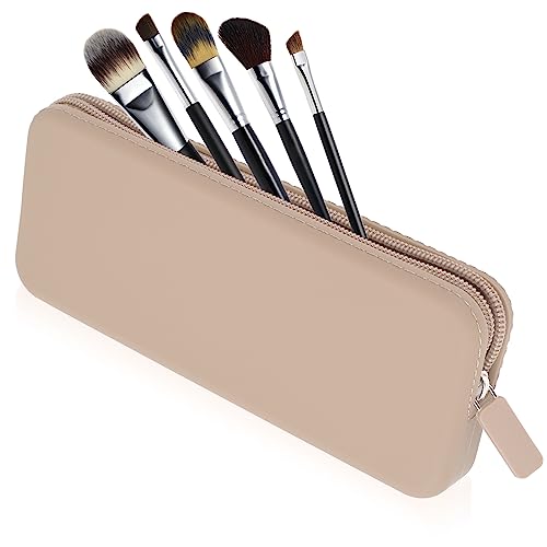 Sakolla Travel Makeup Brush Holder, Silicone Makeup Brush Bag with Zipper Closure, Makeup Brushes Organizer Case Washable Makeup Pouch Holder Case for Daily, Work, Essentials（Khaki） - color: Regular Khaki