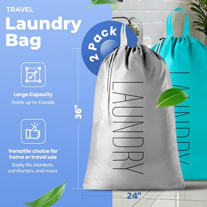 Handy Laundry Extra Large Travel Laundry Bags 2-Pack – 24 x 36 Inches Heavy Duty Water-Resistant Dirty Clothes Bags for Travel, Camping, Dorm, Family – Sturdy Drawstring Closure, Teal-Grey Print - color: Teal-grey | Laundry