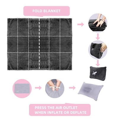 3 in 1 Travel Blanket Pillow Set - 350 GSM Thick Travel Blanket Airplane Compact with Bag, Soft Bag with a Pocket, Inflatable Travel Pillow for Camping & Car Trip (Dark Grey) - color: Dark Grey