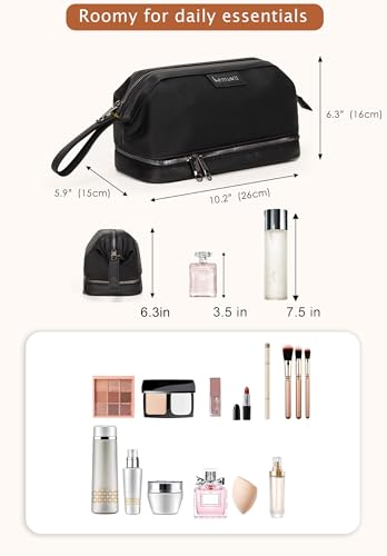 Double-Layer Toiletry Bag, Water-Resistant Hybrid Leather Cosmetic Organizer with Wet/Dry Compartments, 26x15x16cm (Black, Double layer) - color: Black