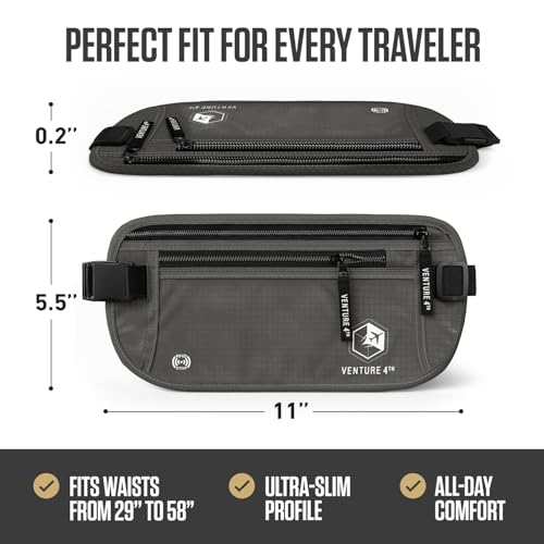 VENTURE 4TH Money Belt for Travel – Slim Hidden Under-Clothes RFID Blocking Anti-Theft Passport Holder & Travel Wallet Pouch for Men & Women to Protect Cash, Cards & Documents (Gray) - color: Ash Gray