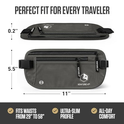 VENTURE 4TH Money Belt for Travel – Slim Hidden Under-Clothes RFID Blocking Anti-Theft Passport Holder & Travel Wallet Pouch for Men & Women to Protect Cash, Cards & Documents (Gray) - color: Ash Gray