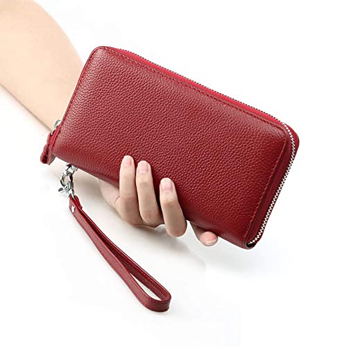 Moflycom Womens Wallet RFID Blocking Genuine Leather Zip Around Wallet Clutch Wristlet Travel Long Purse for Women - color: Deep Red