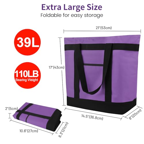 mosago Insulated Grocery Tote Bags, Large Reusable Cooler Bags with Zipper, Leakproof Thermal Shopping Bags for Food Delivery, Beach, Travel, Uber Eats & Picnic, Collapsible Personalized, Purple - color: Purple