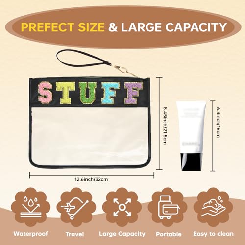 Chenille Letter Clear Zipper Pouch for Travel Preppy Stuff Bag Aesthetic Storage Organizer Pouches for Women with Glitter Patch Letters (Black-Stuff) - color: HS-STUFF
