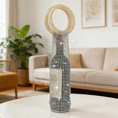 Wine Pouch Mesh Bag, Resin Handle Wine Bag, Sparkly Rhinestone Handwoven Mesh Bags, Party Water Bottle Bags Accessory, Daily Housewarming Party Use (Brown) - color: Brown