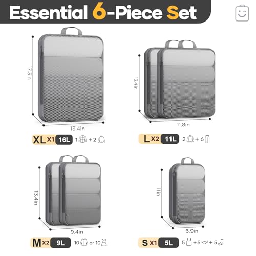 Veken 6/9/11 Set Compression Packing Cubes for Travel Essentials,Compressible Expandable Large Luggage Suitcase Organizer Bags for Clothing,Durable Space Saver Storage Bags(Gray) - color: Gray, size: 6 set