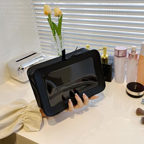 Clear and Waterproof Makeup Bag Portable Travel Cosmetic Case Organizer for Women Toiletry Pouch with Transparent Vinyl Windows & Zippers (Black) - color: Black