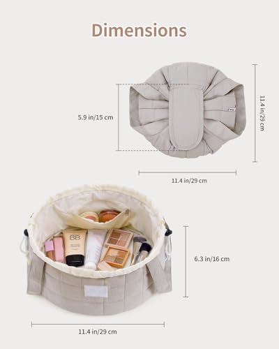 Narwey Lay Flat Open Drawstring Makeup Bag, Large Quilted Cosmetic Bag for Women Girls, Cute Make up Bags with Handle, Portable Travel Toiletry Bag for Skincare, Brushes & Travel Essentials (Khaki) - color: B-Quilted Khaki