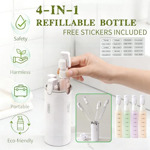 4 in 1 Travel Dispenser Bottles, 4 Pack 30ML/1 oz Refillable Toiletry Containers With Labels, Squeezable Shampoo Lotion Conditioner Cream Bottles, Leak Resistant Set (Green) - color: Green