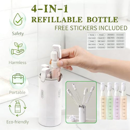 4 in 1 Travel Dispenser Bottles, 4 Pack 30ML/1 oz Refillable Toiletry Containers With Labels, Squeezable Shampoo Lotion Conditioner Cream Bottles, Leak Resistant Set (Green) - color: Green
