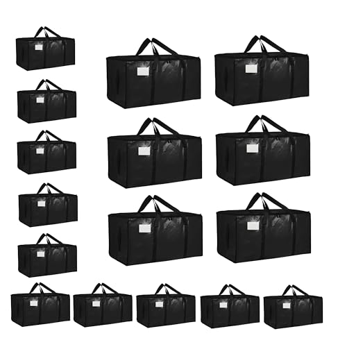 16 Pack-Extra Large Heavy Duty Moving Bags - Waterproof Storage Totes with Handles & Zippers, Foldable for College Dorm, Storage (Black) - color: Black, size: 16