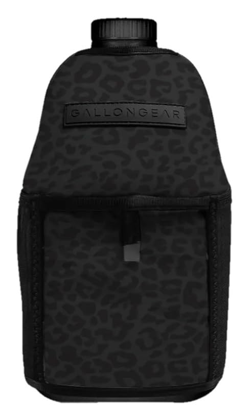 Half-Gallon Fitness Hydration Cover | Neoprene Insulated Cooling & Portable Gym Water Bottle Carrier | CASE with Storage Pockets - color: LEOPARD BLACK