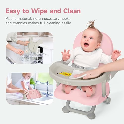 YOLEO Baby High Chair Booster Seat for Dining Table, Foldable High Chairs with Adjustable Heights, Travel Booster Seat with Removable Tray - color: Pink, size: No Cushion