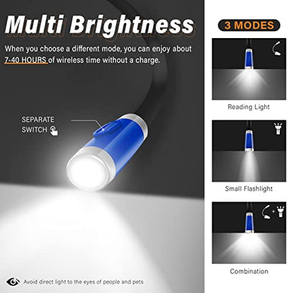 Vekkia Rechargeable LED Neck Reading Light, Book Lights for Reading in Bed, 3 Brightness Levels, Flexible Soft Silicone Arms Comfortable Wear, Long Lasting. Great for Readers, Craft & Knitting - color: Blue