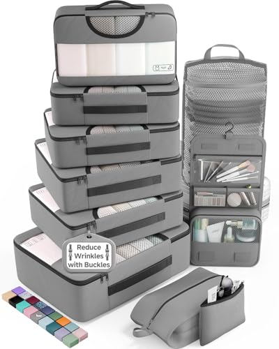 Veken 10 Set Packing Cubes for Travel Essentials,Anti-Wrinkle Buckled Suitcase Organizer for Shoe & Toiletry Bag,Carry On Luggage Bag for Airplane & College Dorm Room Accessories,Women Men Gifts - color: 04 Gray