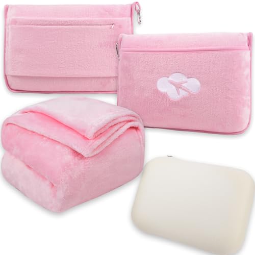 Blanket Pillow for Airplane Travel Essentials - 3 In 1 Travel Blanket and Pillow Set for Women Gifts, Plane Compact with Bag for Long Flight, International Traveler Must Haves Flying Accessories（Pink） - color: Pink