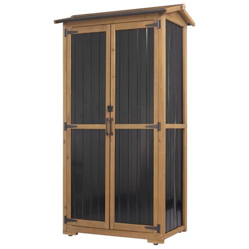 Ketive Outdoor Storage Cabinet, Wood & Metal Garden Cabinet with 3 Adjustable Shelf, Weather-Resistant Roof, Lockable Doors & Adjustable Feet for Patio, Garden, Farm (33" L x 21" W x 69" H) - color: Black, size: 33" x 20" x 70"