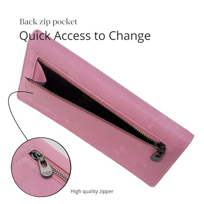Bveyzi Ultra Slim Thin Leather RFID Blocking Credit Card Holder Bifold Clutch Wallets for Women - color: Pink