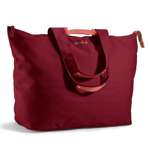 Fit & Fresh XL Beach Tote Bag for Women – XL Travel Tote with Zipper & Pockets, Oversized Canvas Pool Bag, Weekender Carry-On - color: Cranberry