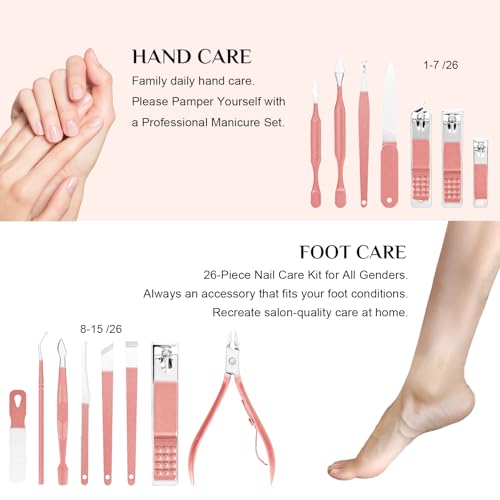 Nail Clippers Set, 26 Piece Manicure Set & Pedicure Kit, Stainless Steel Fingernail & Toenail Clipper Cutters, Professional Nail Care Tools with Luxurious Travel Case for Men and Women, Metallic Pink - color: Metallic Pink