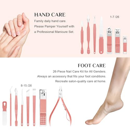 Nail Clippers Set, 26 Piece Manicure Set & Pedicure Kit, Stainless Steel Fingernail & Toenail Clipper Cutters, Professional Nail Care Tools with Luxurious Travel Case for Men and Women, Metallic Pink - color: Metallic Pink